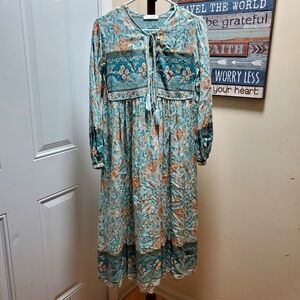 Boho Floral Tie-Neck Long Sleeve Maxi Dress - Teal & Peach
